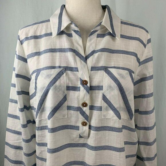 Soft Surroundings Modena Tunic Top M White Blue Striped Button Front Pockets - Picture 1 of 5